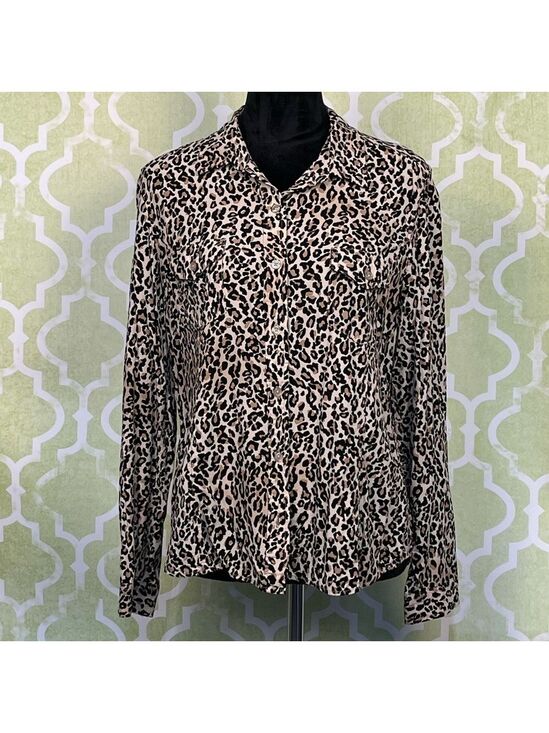 Jones New York Tops - Jones New York Signature Women's Top Large Roll Tab Sleeve Animal Print Blouse